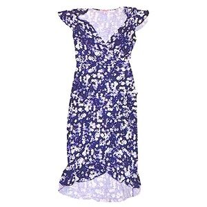 Juicy Couture Dreamy Floral Blue Faux Wrap Flutter Sleeve Knit Dress Size Medium